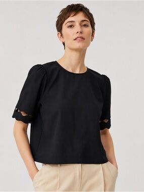 Ann Taylor Black Linen Blend Scallop Sleeve Blouse Size Small